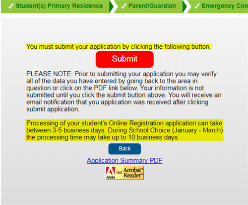 Online Registration Submit Button